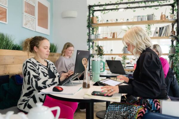 group of woman sat working together on laptops in relaxing cafe space